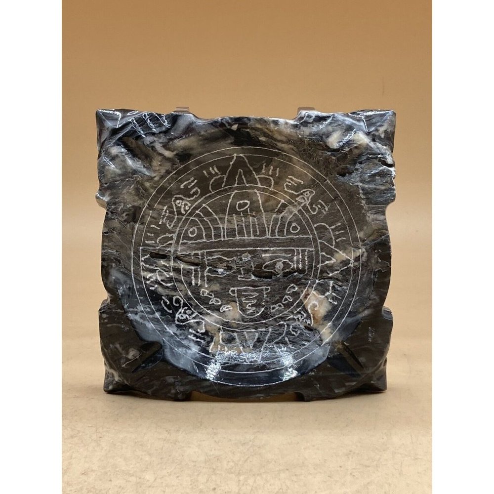 Mexican Folk Art Aztec Mayan Grey Marble Etched Carved Design Ashtray